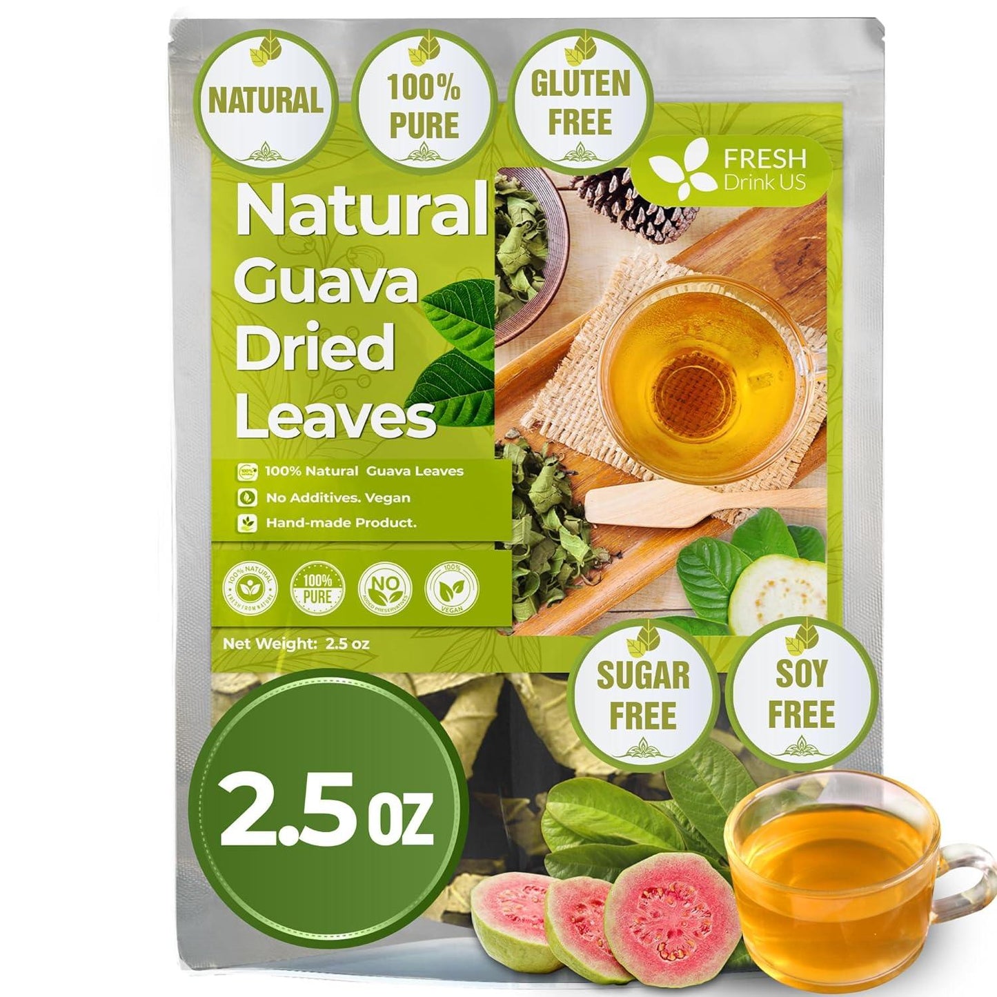 Natural Guava Leaves, Whole Dried Leaves, Cut-and-Sifted Guava leaves, 100% Pure from Guava Leaves, Natural Guava Loose Leaf Herbal Tea, No Additives, No Caffeine, Vegan