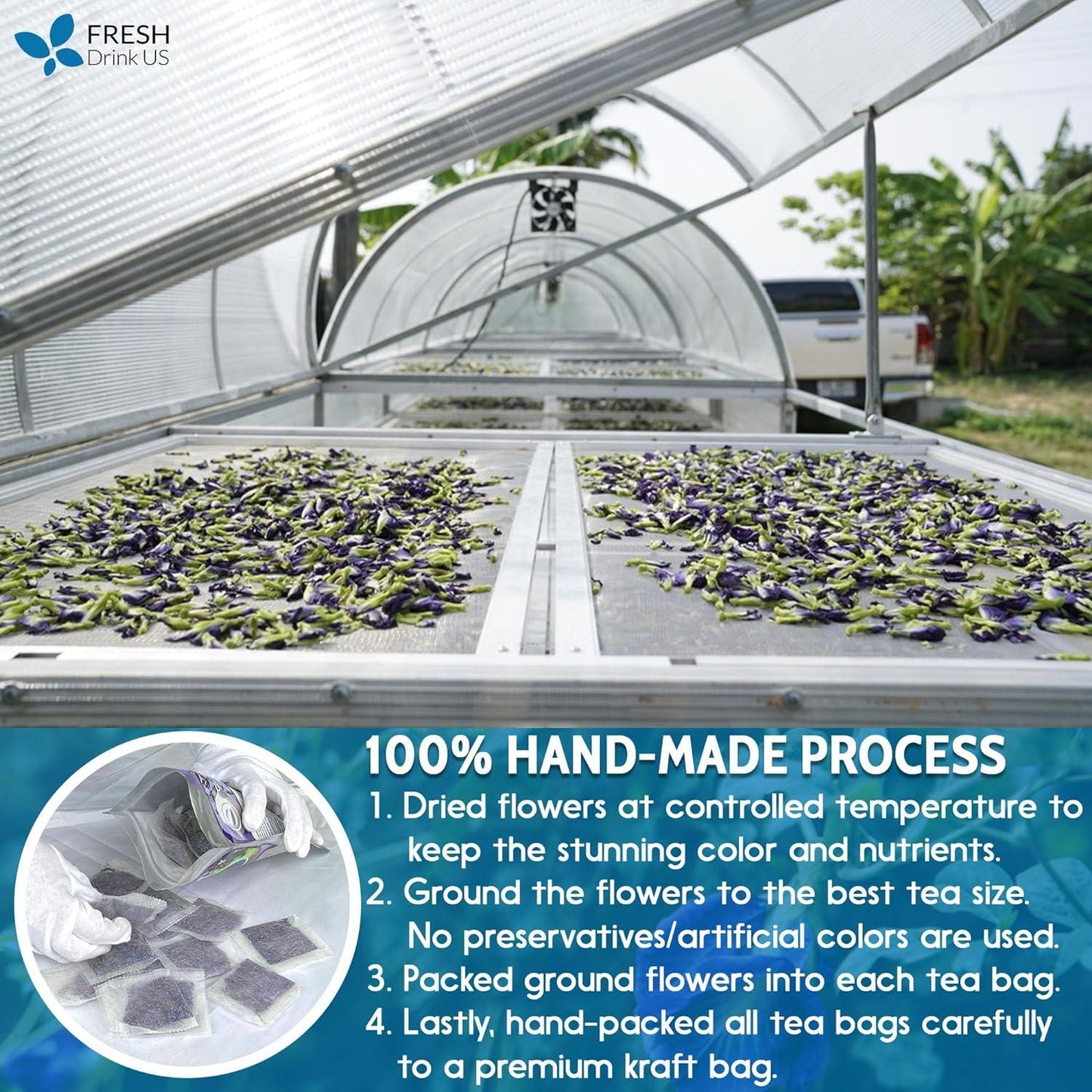 Premium Butterfly Pea Flowers, Tea Bags, 100% Natural and Pure from Butterfly Pea Flowers, Hand-made, Made With Natural Materials-Corn Fiber Tea Bag, Sugar/Caffeine/Gluten Free