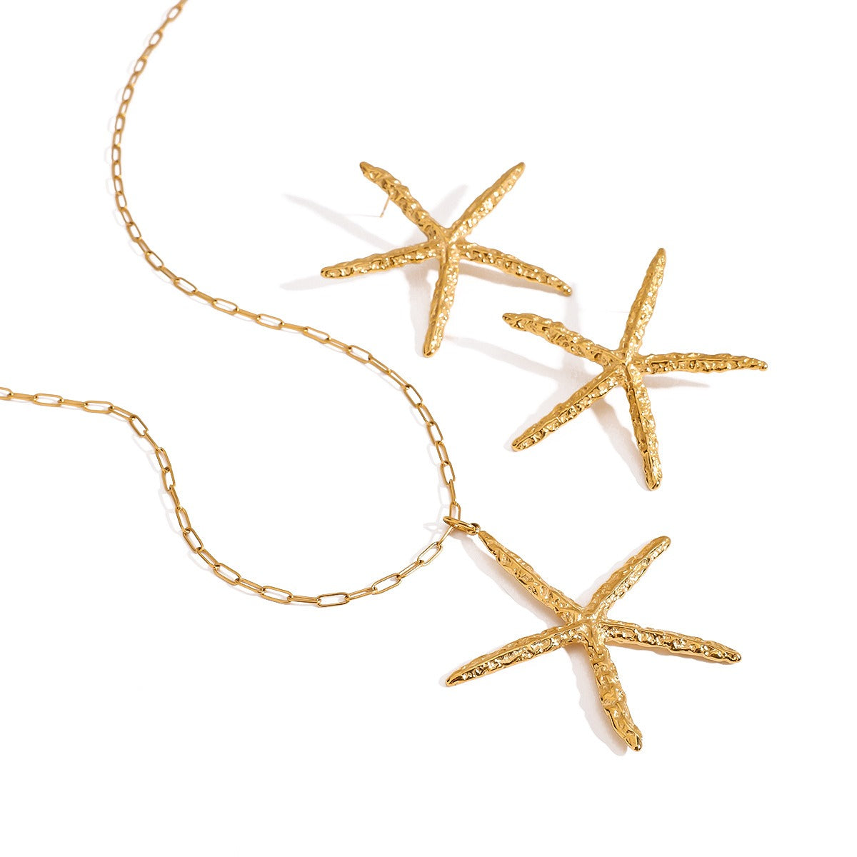 18K Gold Starfish with Textured Design Classic Fashion Necklace and Earrings Set