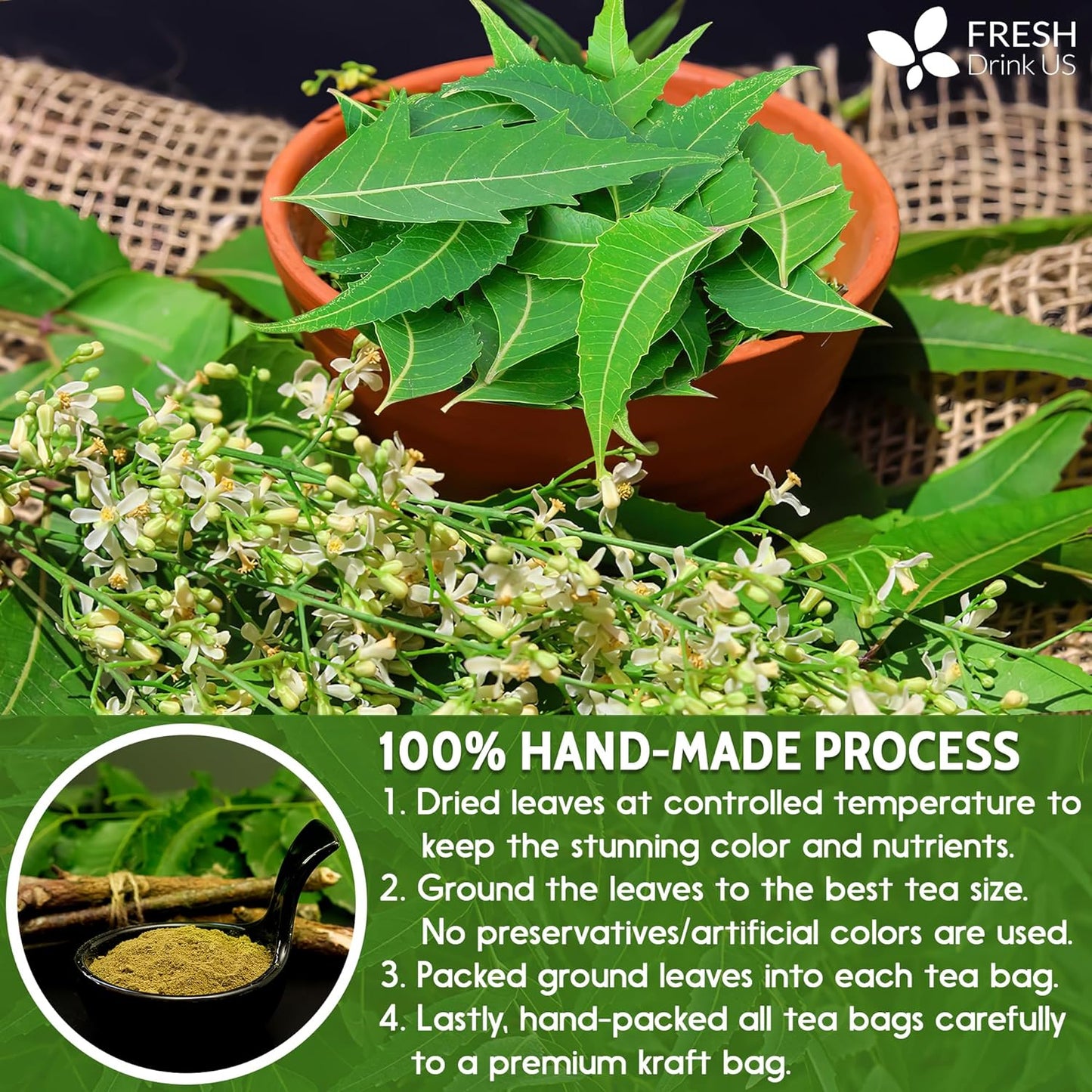 Neem Leaf Tea Bags, 100% Natural and Pure from Neem Leaves. Loose Leaf Neem Herbal Tea. Neem Leaf Tea. No Sugar, No Caffeine, No Gluten, Vegan.
