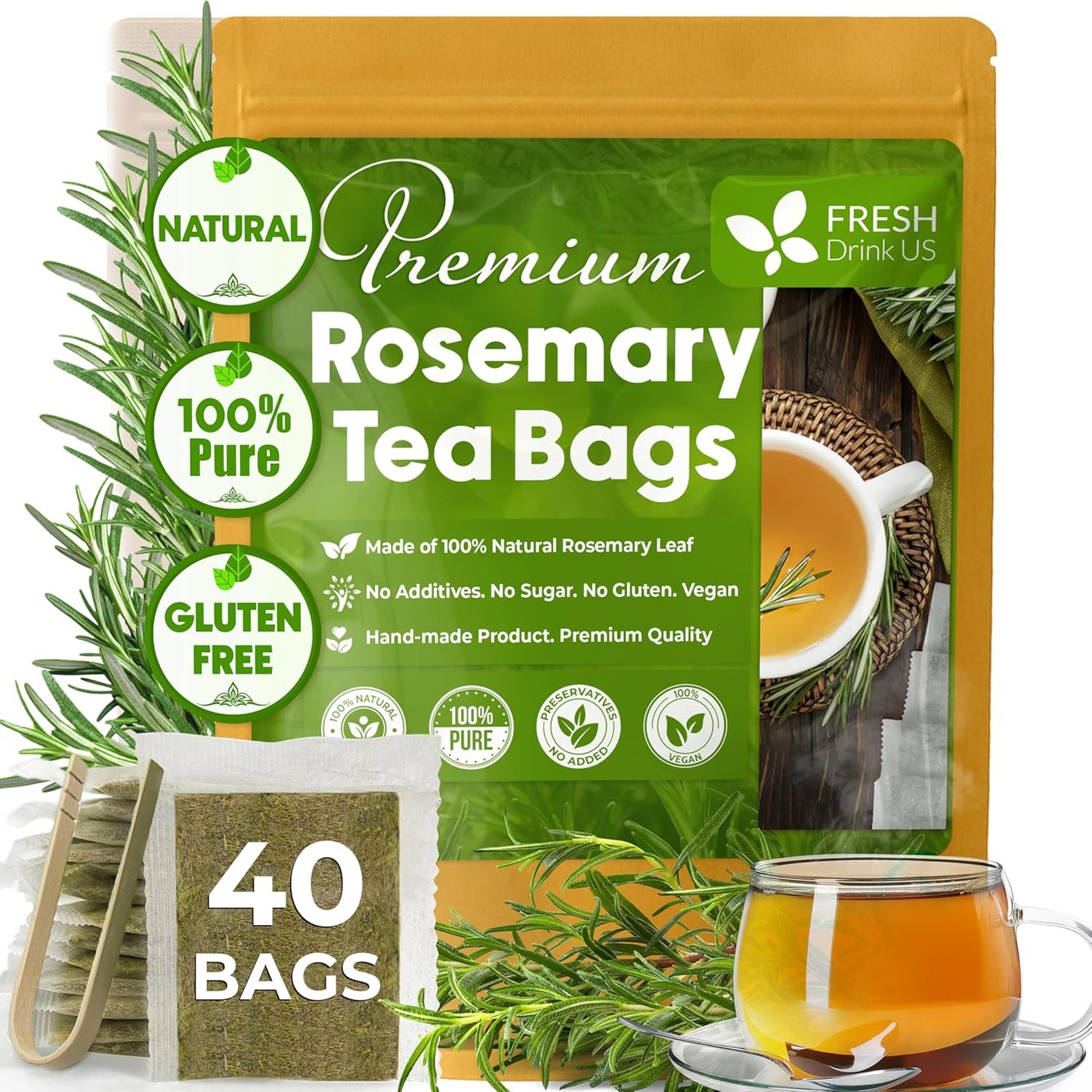 Premium Rosemary Leaves, Tea Bags, Powder, 100% Natural & Pure from Dried Rosemary Leaves, No Additives, No Caffeine, Vegan. Dried Rosemary Herb, Perfect for Seasoning, Spice Blends for Grilling & Cooking