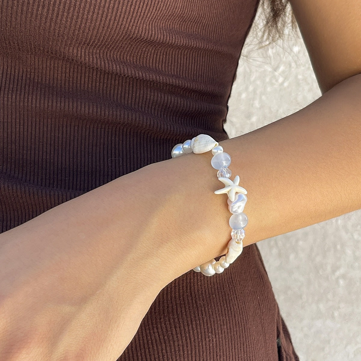 Ocean-style shell and starfish crystal beaded bracelet