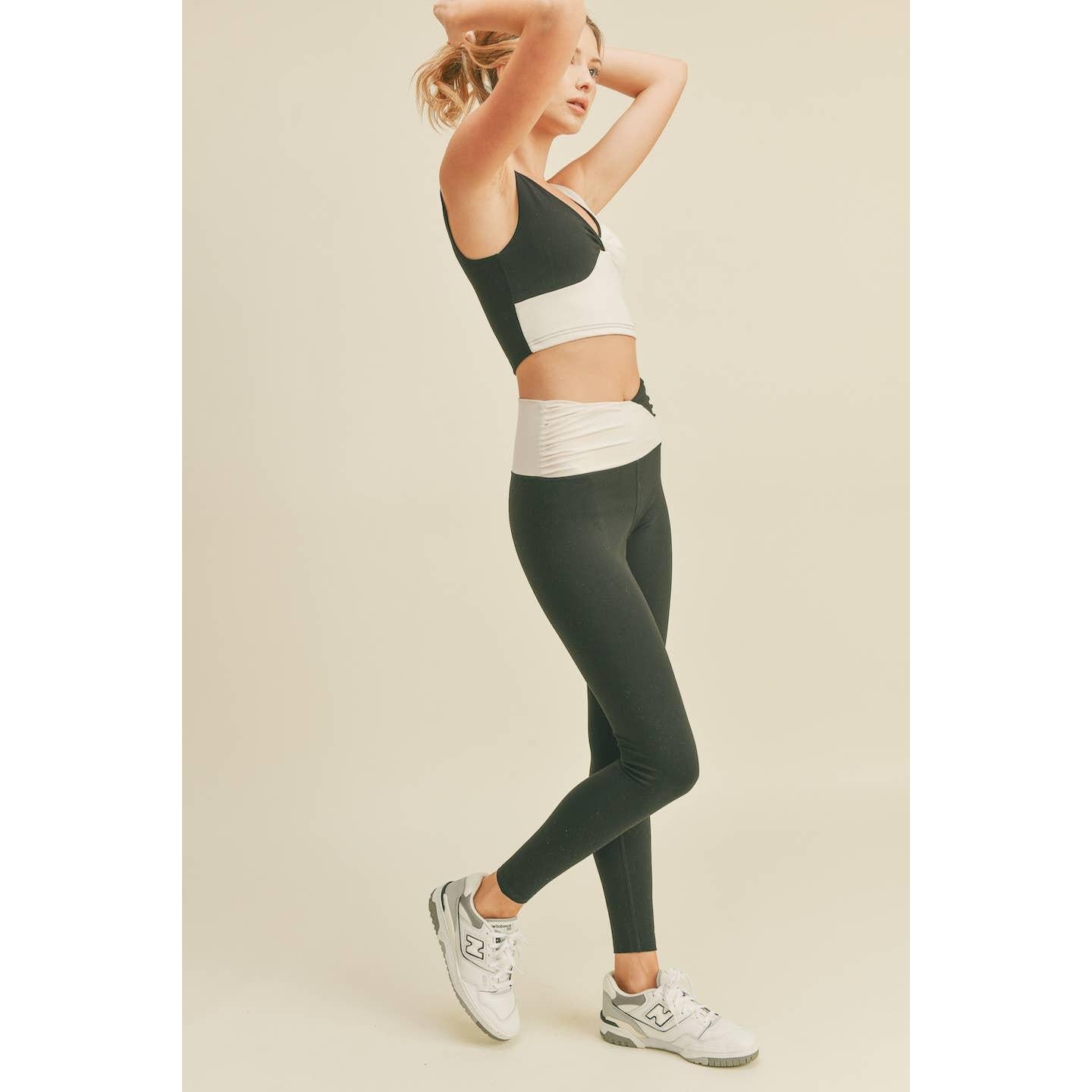 Color Block Front-Twist Top & Leggings Set in Black or Pink [Sizes S-L]