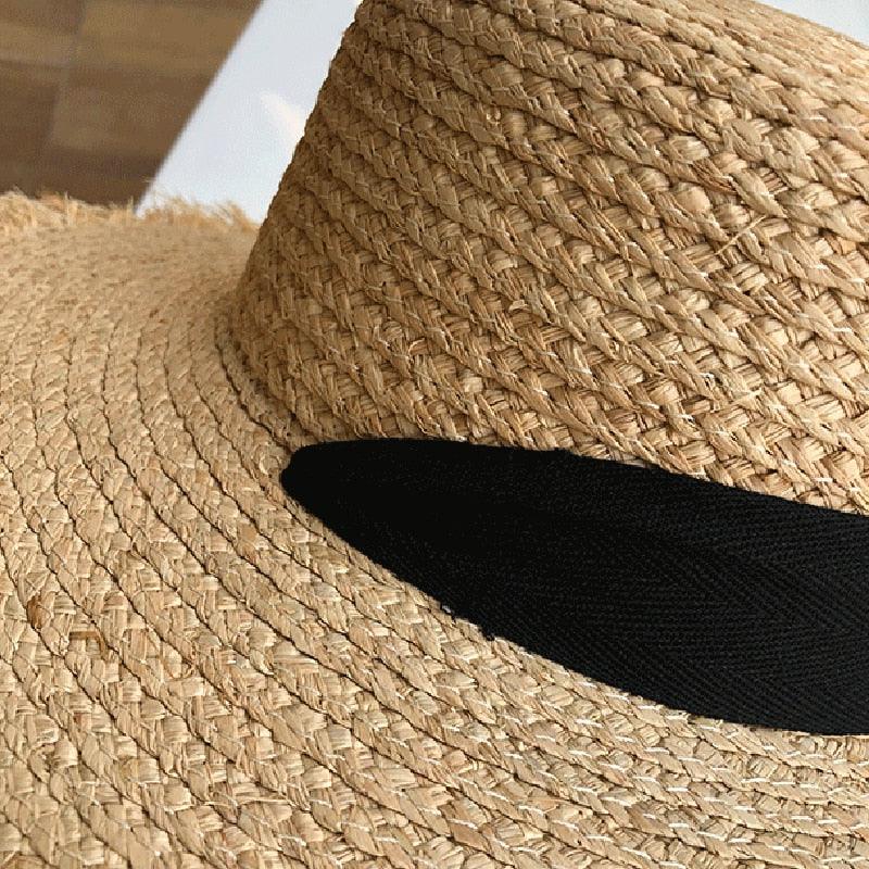 Vintage Raffia Beach Hat with Ribbon & Frayed Brim