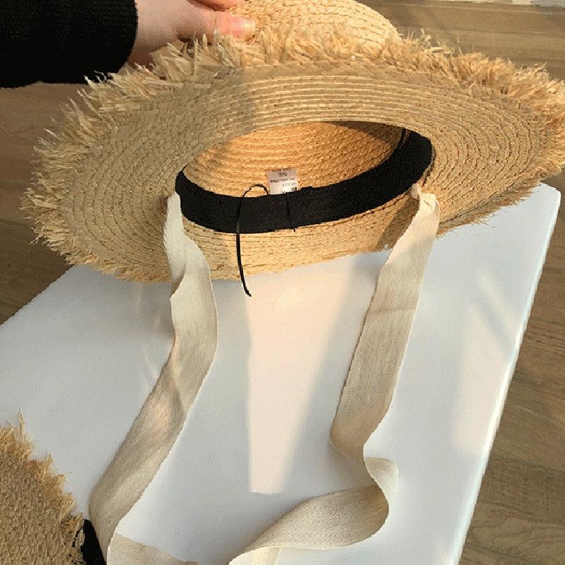 Vintage Raffia Beach Hat with Ribbon & Frayed Brim
