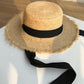 Vintage Raffia Beach Hat with Ribbon & Frayed Brim