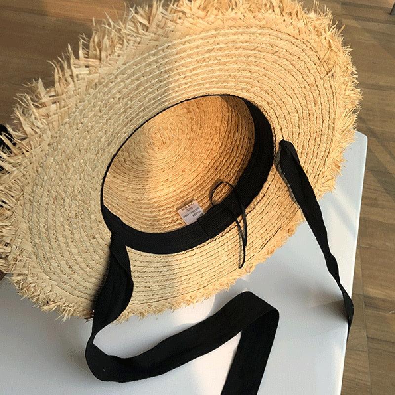 Vintage Raffia Beach Hat with Ribbon & Frayed Brim