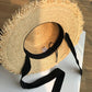 Vintage Raffia Beach Hat with Ribbon & Frayed Brim