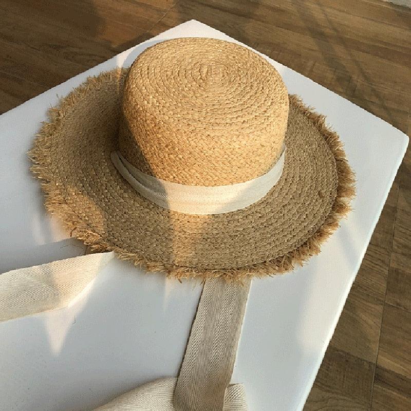 Vintage Raffia Beach Hat with Ribbon & Frayed Brim