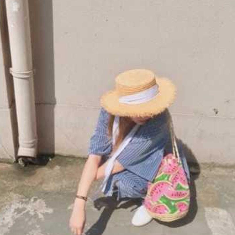 Vintage Raffia Beach Hat with Ribbon & Frayed Brim