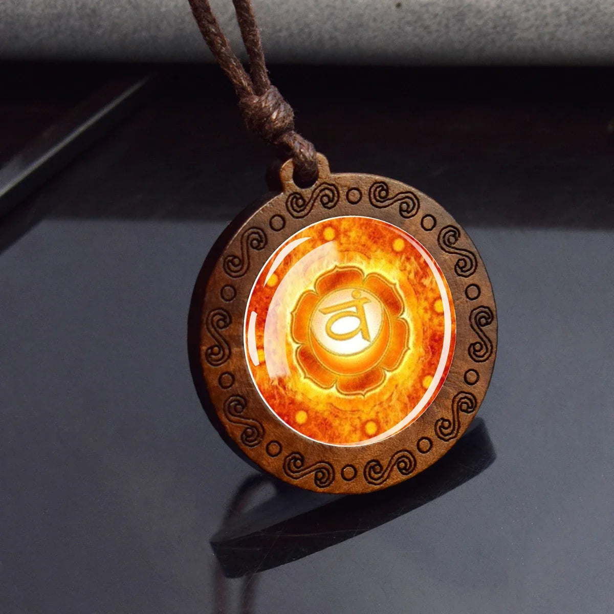 7 Chakra Symbol Glass Wood Pendant Necklace | Unisex Yoga Meditation Jewelry