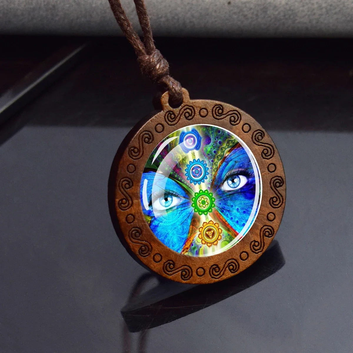 7 Chakra Symbol Glass Wood Pendant Necklace | Unisex Yoga Meditation Jewelry