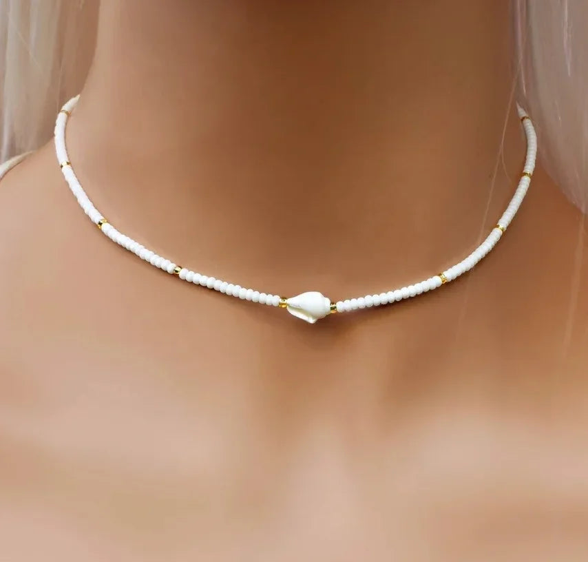White Glass Seed Bead with Beaded Conch Shells Necklace | Classic Choker for Women