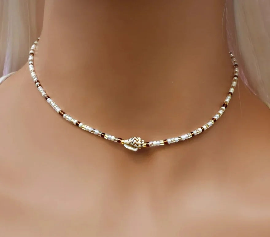 White Glass Seed Bead with Beaded Conch Shells Necklace | Classic Choker for Women