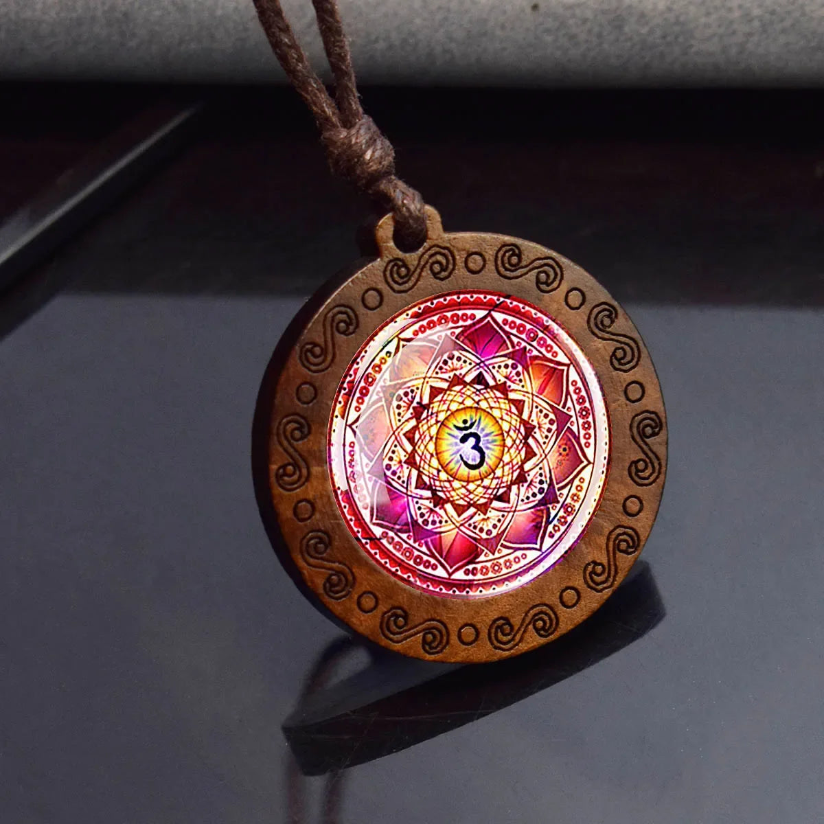 7 Chakra Symbol Glass Wood Pendant Necklace | Unisex Yoga Meditation Jewelry
