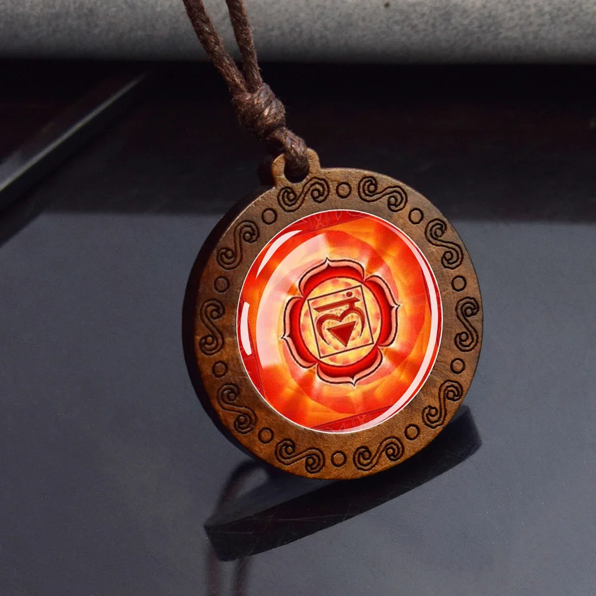 7 Chakra Symbol Glass Wood Pendant Necklace | Unisex Yoga Meditation Jewelry