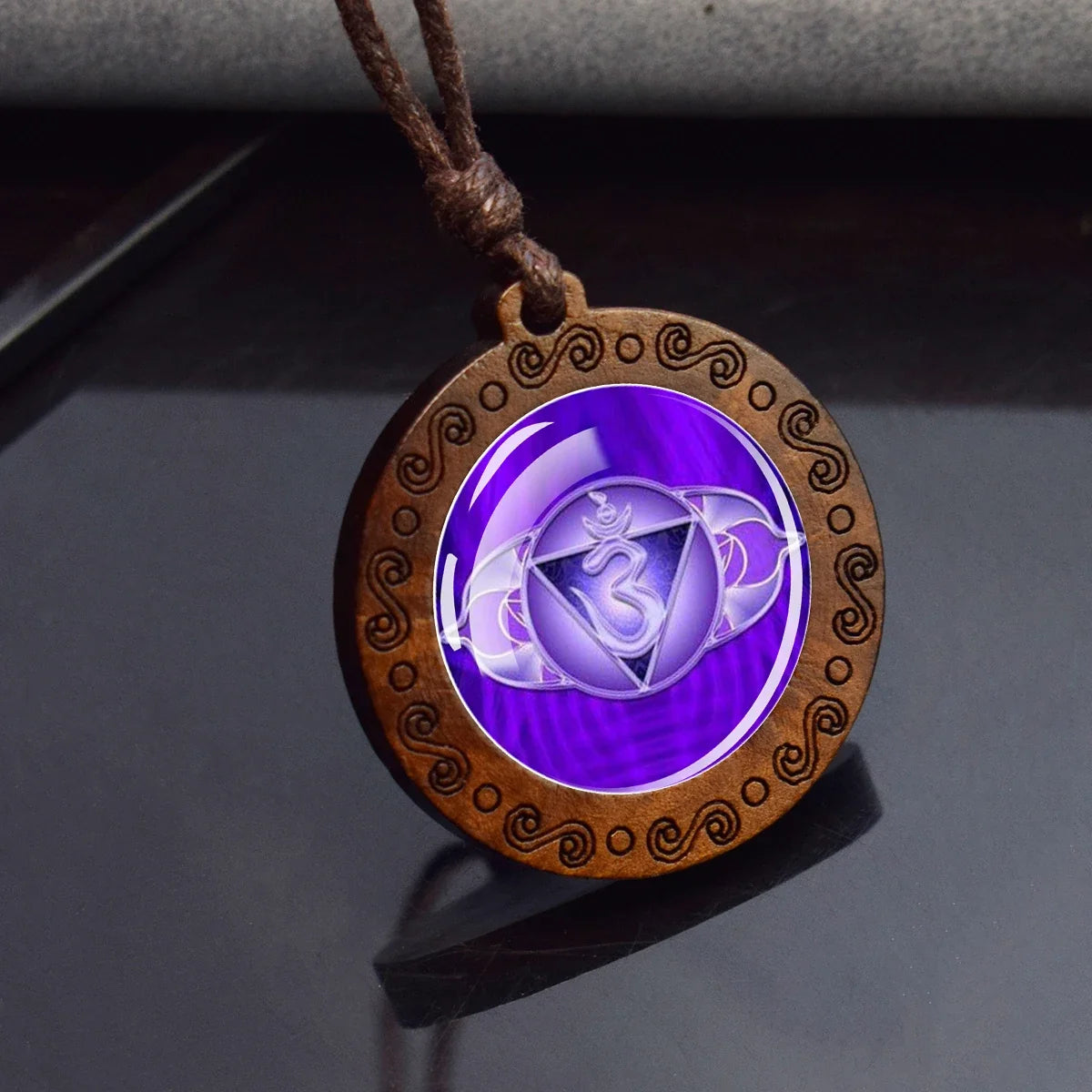 7 Chakra Symbol Glass Wood Pendant Necklace | Unisex Yoga Meditation Jewelry