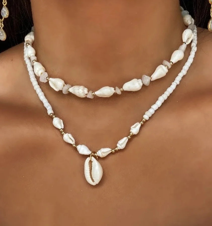 White Glass Seed Bead with Beaded Conch Shells Necklace | Classic Choker for Women