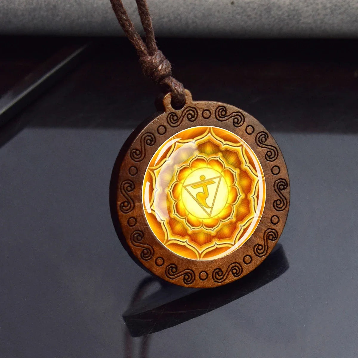 7 Chakra Symbol Glass Wood Pendant Necklace | Unisex Yoga Meditation Jewelry