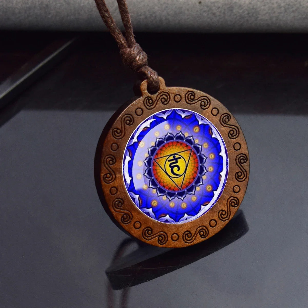 7 Chakra Symbol Glass Wood Pendant Necklace | Unisex Yoga Meditation Jewelry