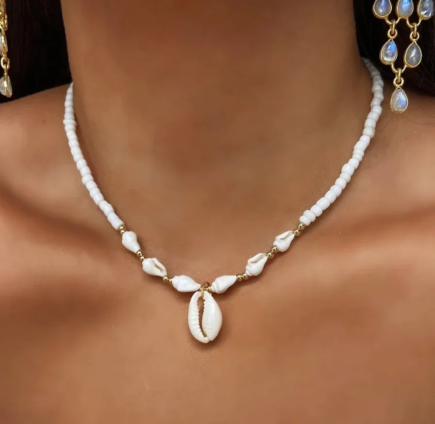 White Glass Seed Bead with Beaded Conch Shells Necklace | Classic Choker for Women