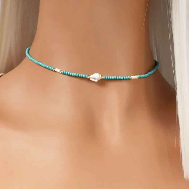 White Glass Seed Bead with Beaded Conch Shells Necklace | Classic Choker for Women