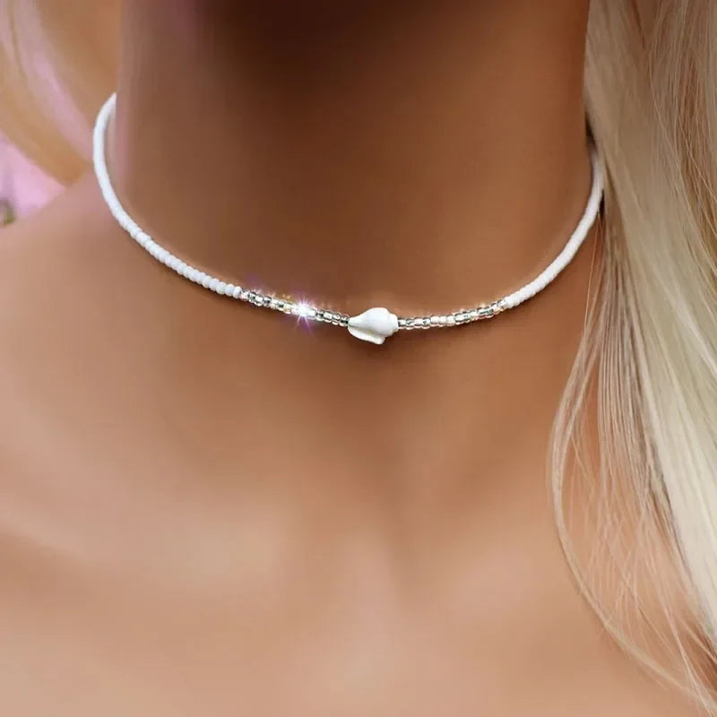 White Glass Seed Bead with Beaded Conch Shells Necklace | Classic Choker for Women