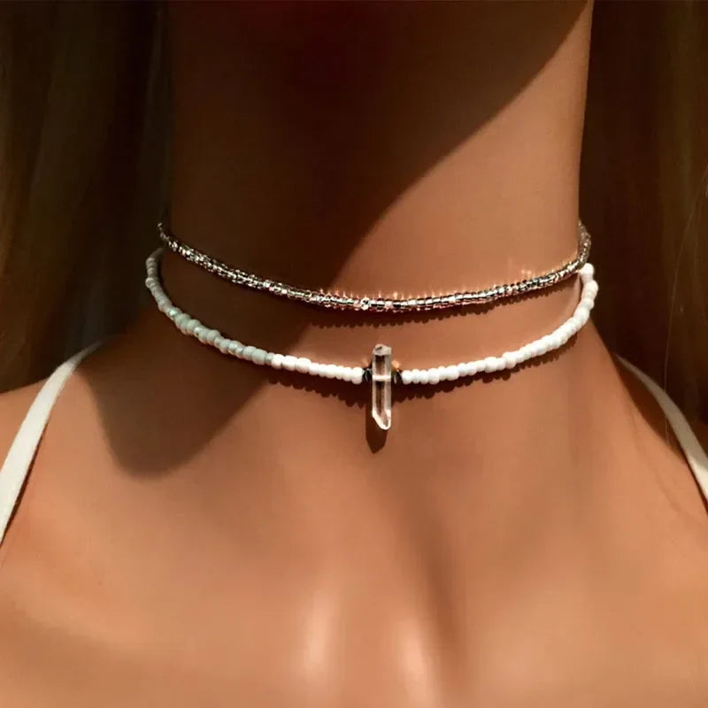 White Glass Seed Bead with Beaded Conch Shells Necklace | Classic Choker for Women