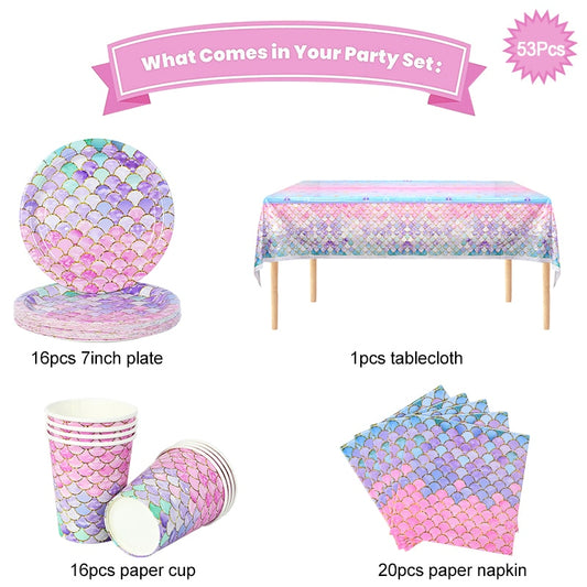 53Pcs/set Mermaid Party Tableware Decorations