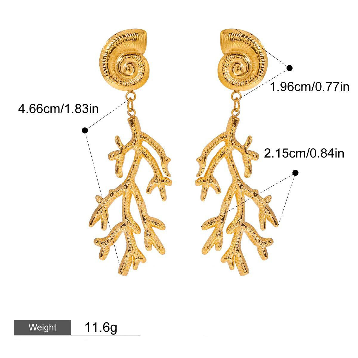 18K gold conch shell with coral design unique and noble earrings