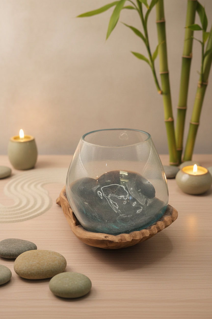 Carved Wooden Hand and Molten Glass Terrarium