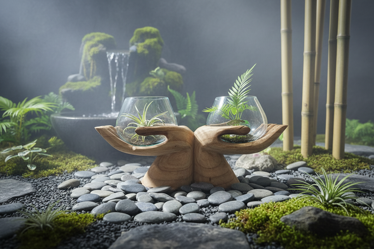 Carved Wooden Hand and Molten Glass Terrarium