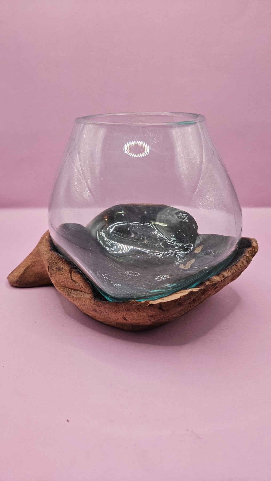 Carved Wooden Hand and Molten Glass Terrarium