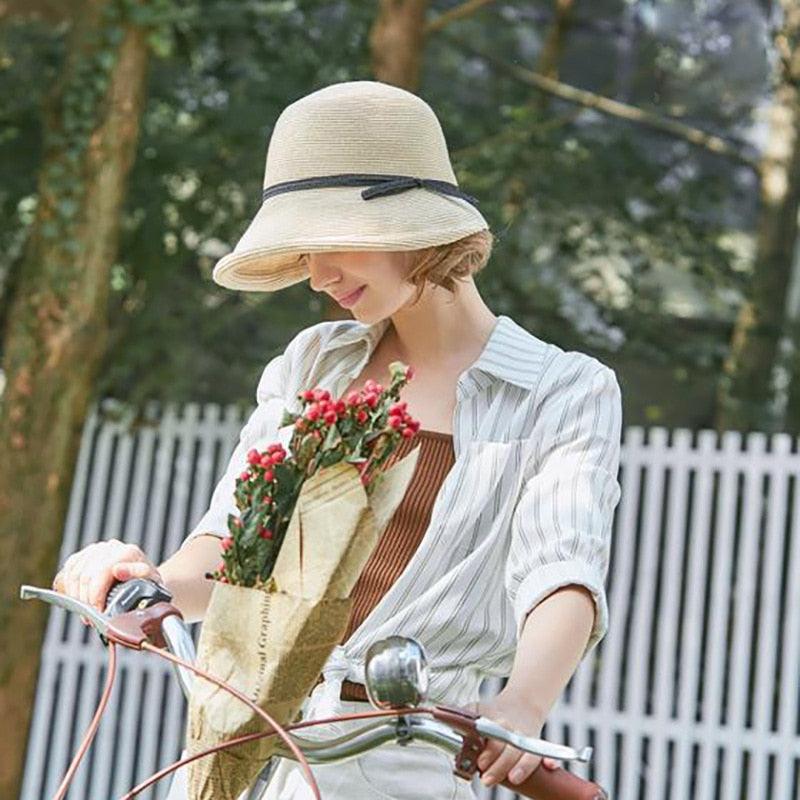 Classic Foldable Straw Beach Hat with Ribbon