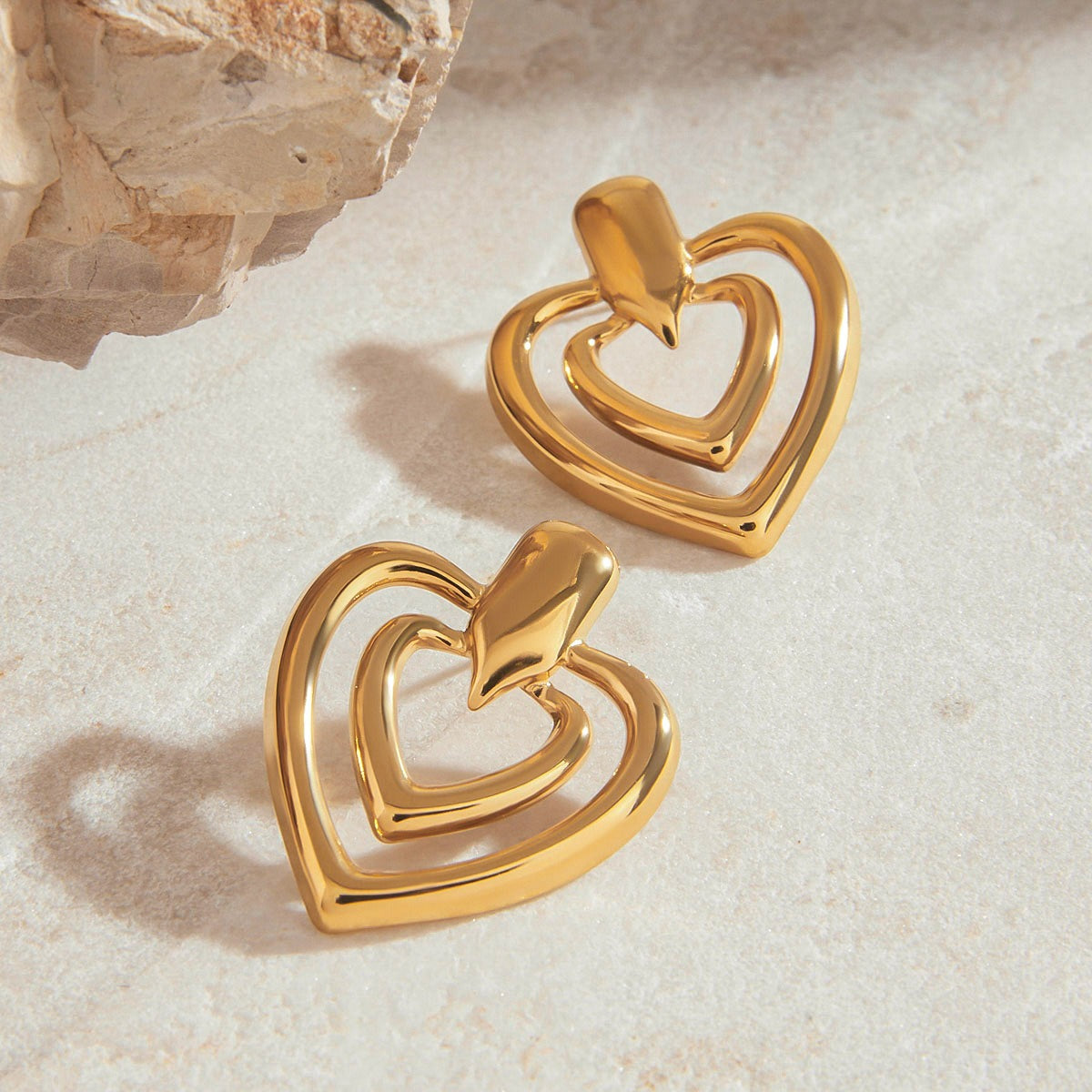 18K gold double-layer heart with hollow design simple and elegant earrings