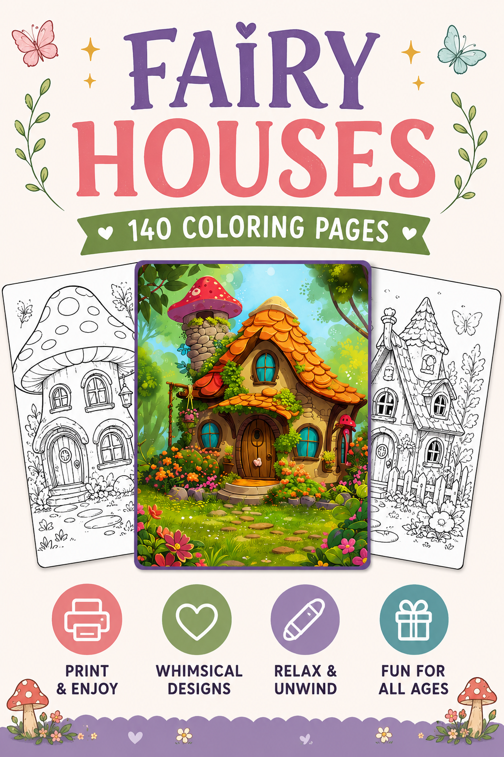140 Fairy House Coloring Pages – Printable PDF Digital Download