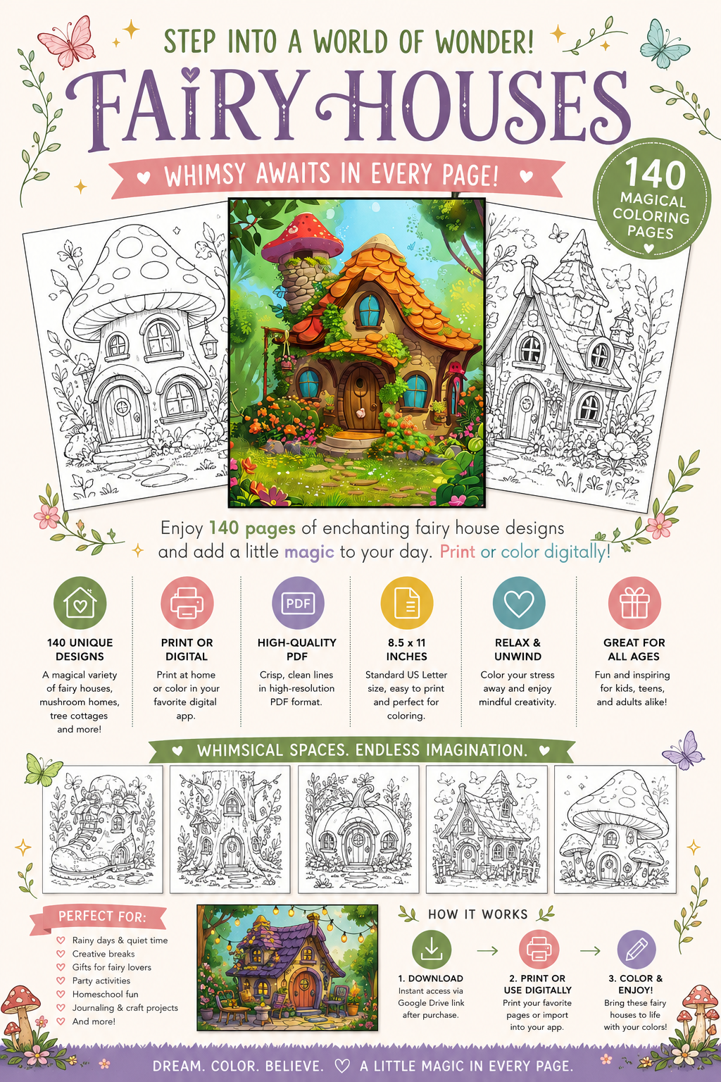 140 Fairy House Coloring Pages – Printable PDF Digital Download
