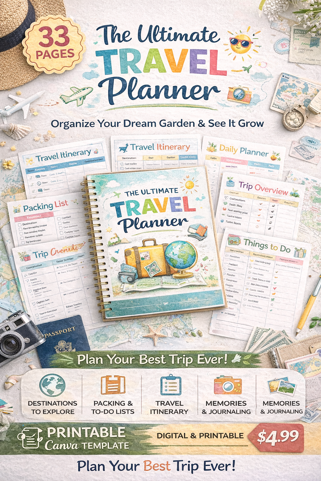 Ultimate Travel Planner – 33 Pages, Printable & Canva Editable