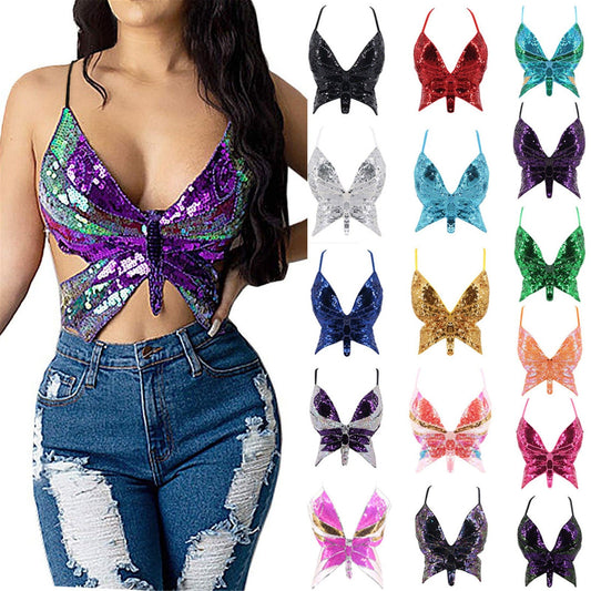 Y2k Butterfly Sequin Crop Top Backless V Neck  Festival Clothes