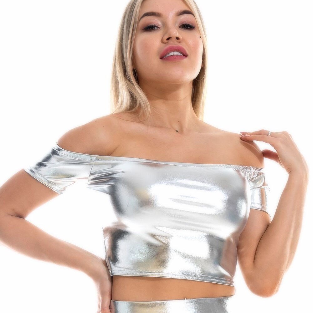 Sexy Off Shoulder Metallic Glitter Holographic Crop Top - Mermaid Quake