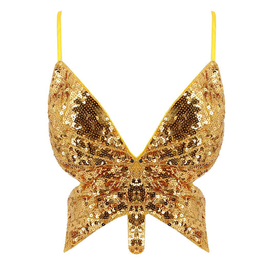 Y2k Butterfly Sequin Crop Top Backless V Neck - Mermaid Quake