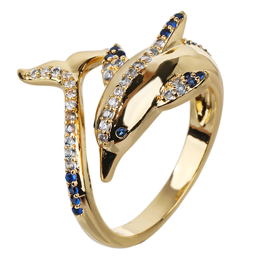 Poulisa Dolphin CZ Open Ring 925 Sterling Silver S925 Adjustable Anillos Mujer Cubic Zirconia 18K Gold Plated Opening Rings Mermaid Quake