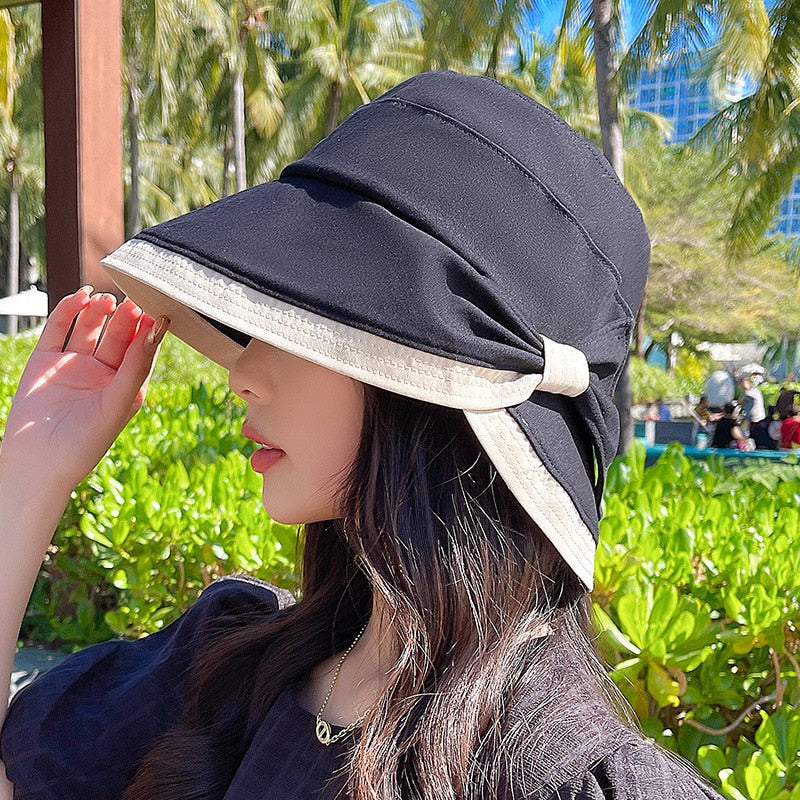 Summer Women bow tie fashion wide Large brim Sun Hat outdoor beach fisherman cap UV proof sun protection hat bucket hat Mermaid Quake