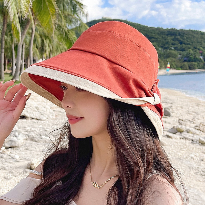 Summer Women bow tie fashion wide Large brim Sun Hat outdoor beach fisherman cap UV proof sun protection hat bucket hat Mermaid Quake