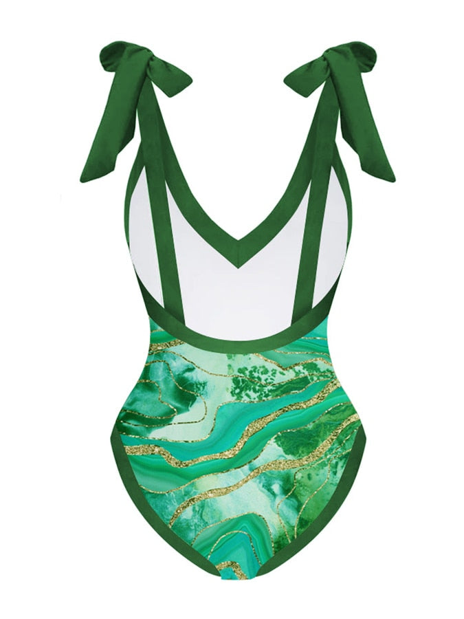 Vintage Print Colorblock Beach One-Piece Swimsuit Swiming Suit 2022 Luxury Shorts Bourkini Swimwear Women With Cover Up Mermaid Quake