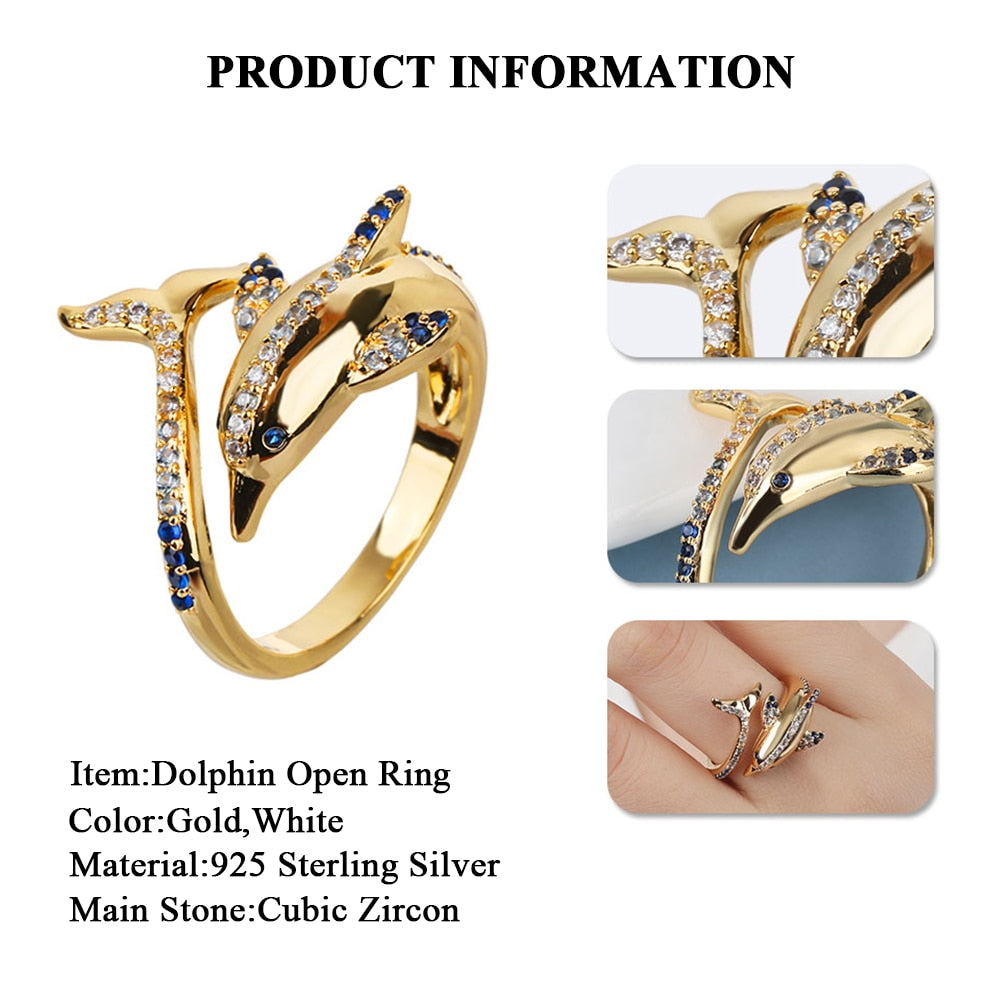 Poulisa Dolphin CZ Open Ring 925 Sterling Silver S925 Adjustable Anillos Mujer Cubic Zirconia 18K Gold Plated Opening Rings Mermaid Quake