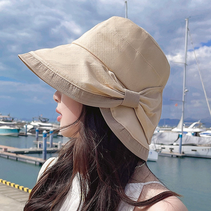 Summer Women bow tie fashion wide Large brim Sun Hat outdoor beach fisherman cap UV proof sun protection hat bucket hat Mermaid Quake