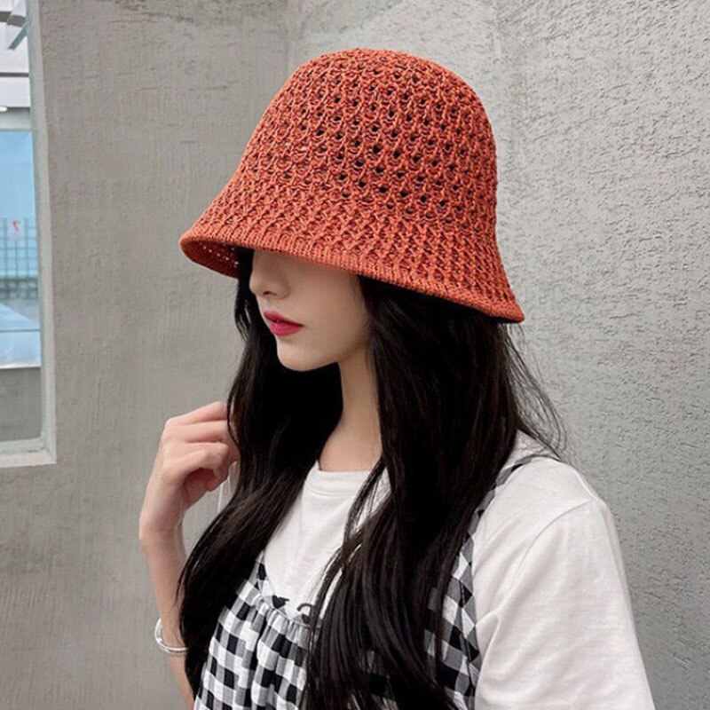 Handmade Crochet Floppy Hats Collapsible Dome Bucket Hat Hollow Out Solid Color Beach Caps Simplicity Soft Women Hat Mermaid Quake